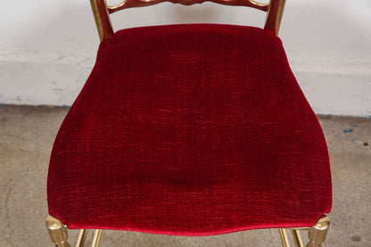 Chiavari Polished Brass Side Chairs with Red Velvet, Italy, 1960