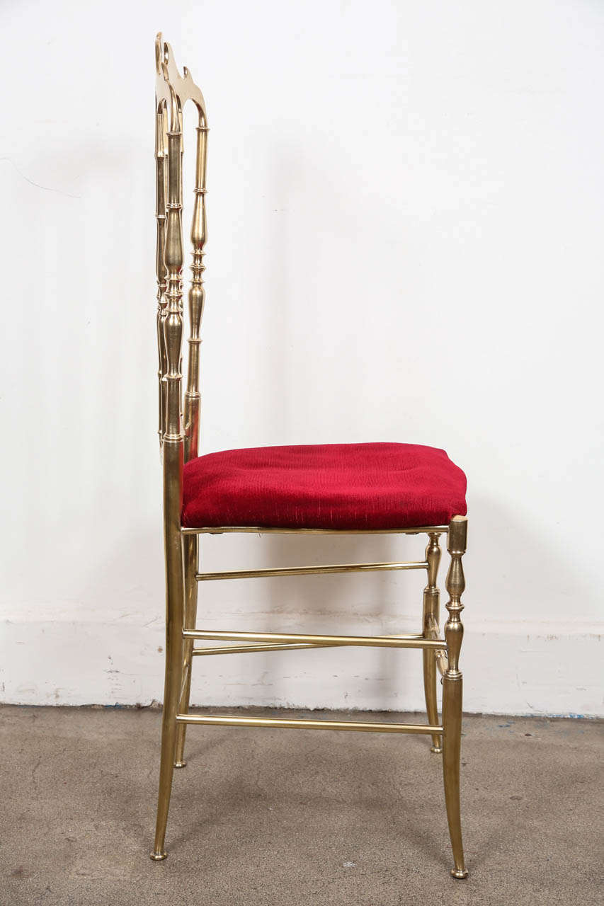 Chiavari Polished Brass Side Chairs with Red Velvet, Italy, 1960