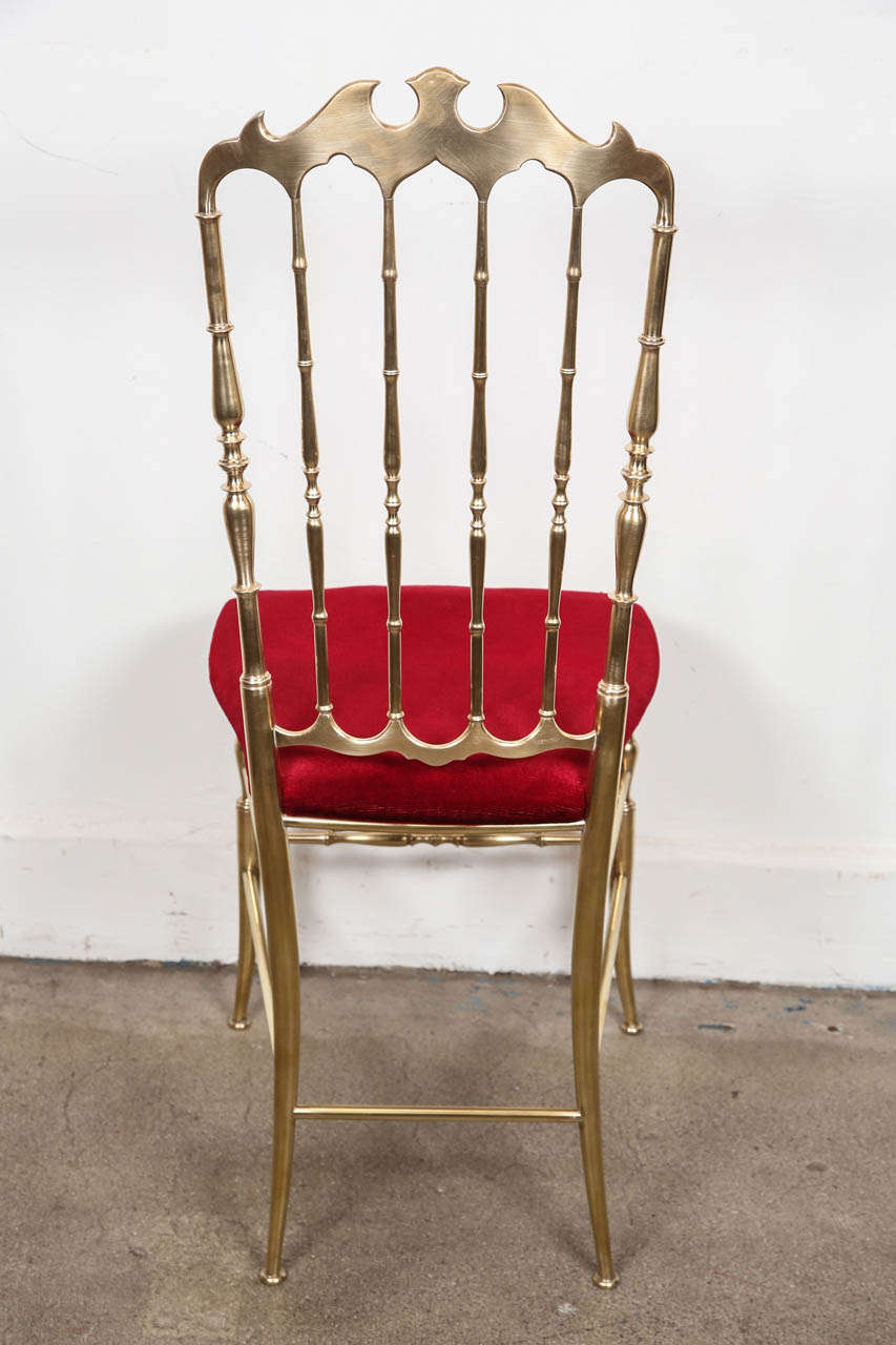 Chiavari Polished Brass Side Chairs with Red Velvet, Italy, 1960