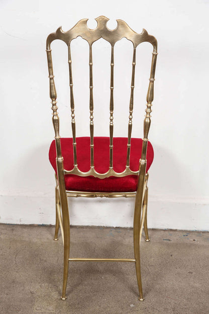 Chiavari Polished Brass Side Chairs with Red Velvet, Italy, 1960