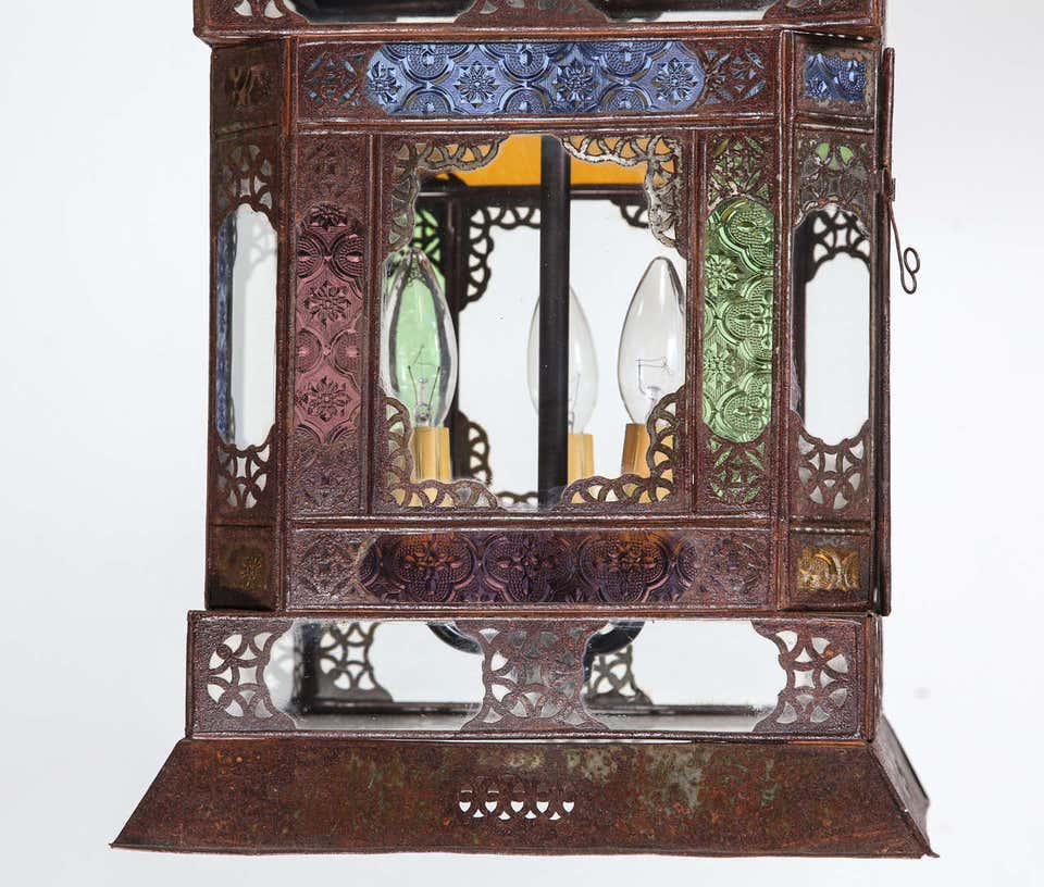 Moroccan Handcrafted Metal and Glass Lantern, Bohemian Style, 1980