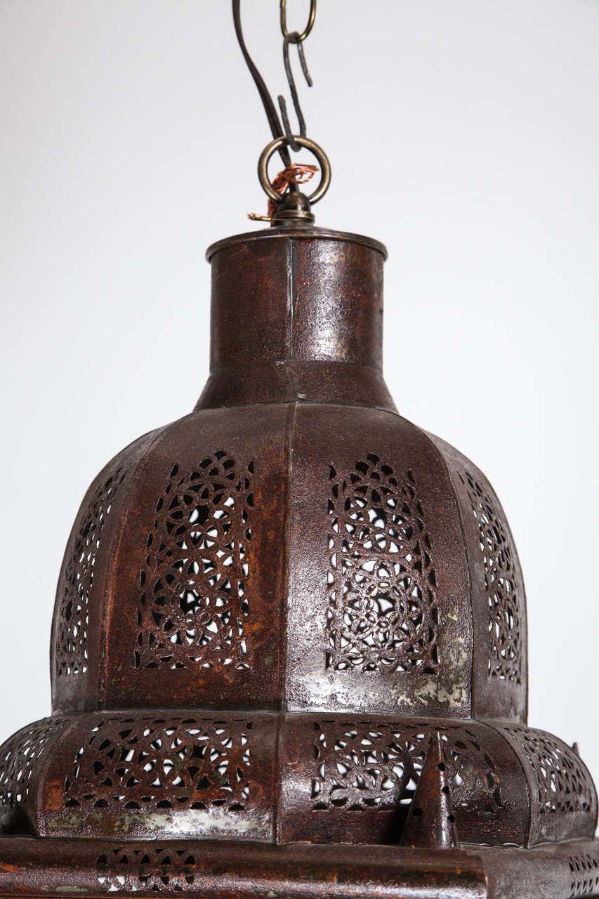 Moroccan Handcrafted Metal and Glass Lantern, Bohemian Style, 1980