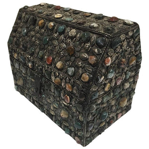 Large Moroccan Wedding Silvered Jewelry Box Inlaid with Semi-Precious Stones