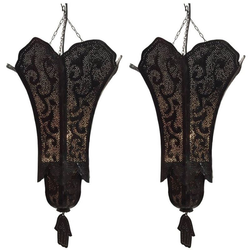 Moorish Handcrafted Metal Lanterns Pendants with Hand of Fatima, North Africa