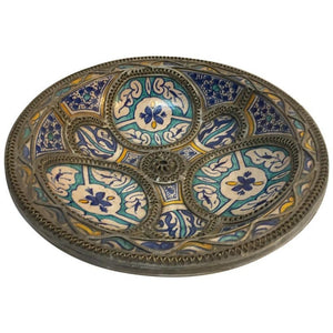 Moroccan Ceramic Plate Adorned with Silver Filigree from Fez