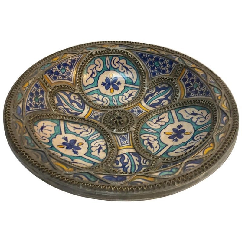 Moroccan Ceramic Plate Adorned with Silver Filigree from Fez