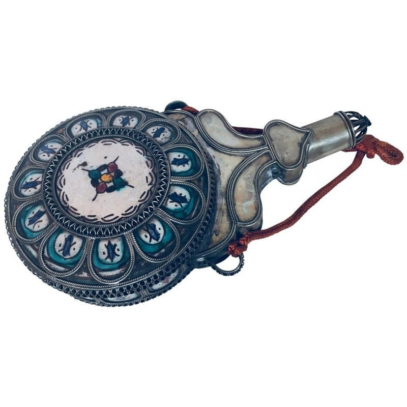 Moroccan Ceramic Flask Bottle from Fez with Silvered Filigree