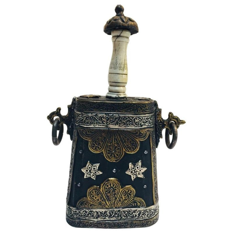 Antique Moroccan Berber Case Flask, Hand-Carved Wood & Brass, 1920s