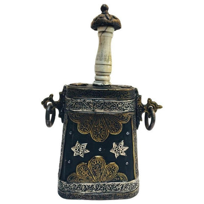 Antique Moroccan Berber Case Flask, Hand-Carved Wood & Brass, 1920s