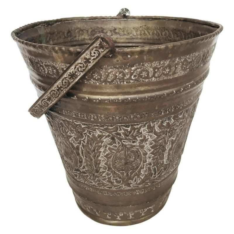 Handcrafted Copper Vessel Bucket with Floral Design, India