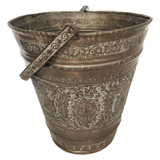 Handcrafted Copper Vessel Bucket with Floral Design, India