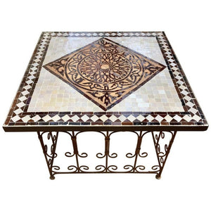 Moroccan Mosaic Tile Side table on Iron Base, Brown and White