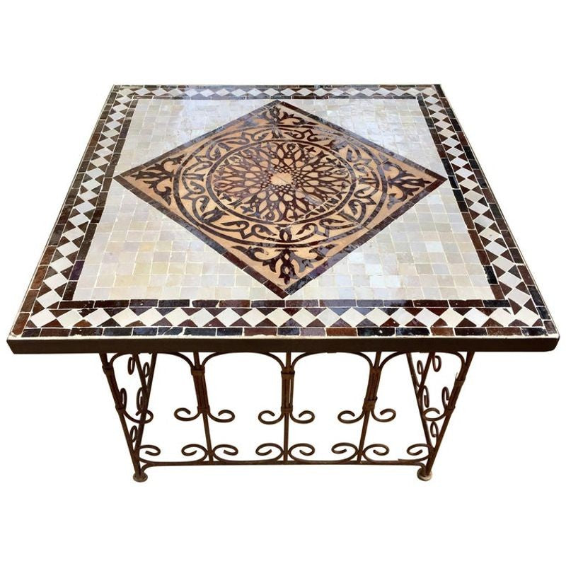 Moroccan Mosaic Tile Side table on Iron Base, Brown and White