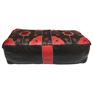 Vintage Moroccan Leather Rectangular Pouf in Red and Black