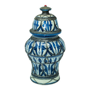 Moroccan Ceramic Vase from Fez Blue and White with Silver Filigree