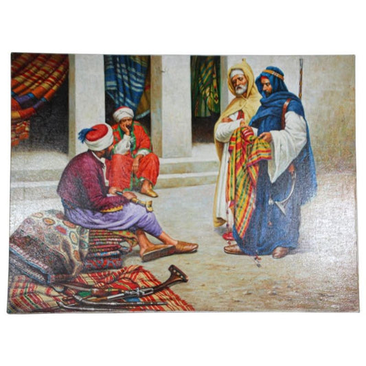 Mid-20th Century Hand-Painted Oil: Moroccan Rug Market Scene