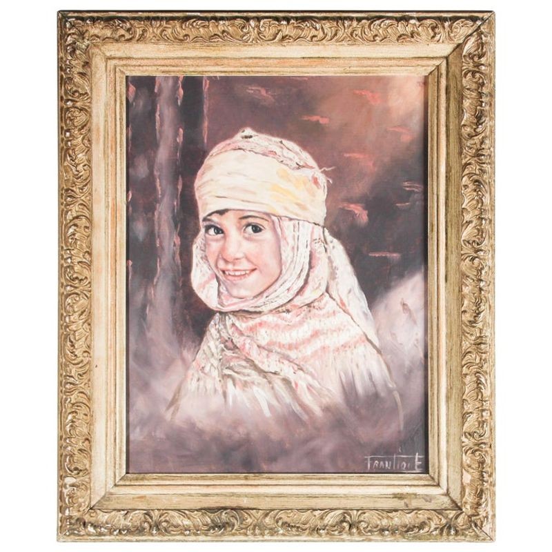 Vintage Orientalist Oil on Canvas A Portrait of A Young Girl