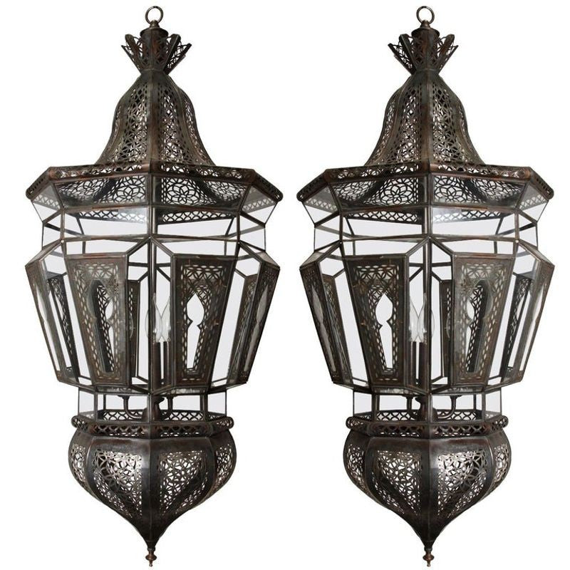 Pair of Large Moroccan Moorish Glass and Filigree Hanging Lanterns
