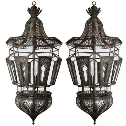 Pair of Large Moroccan Moorish Glass and Filigree Hanging Lanterns