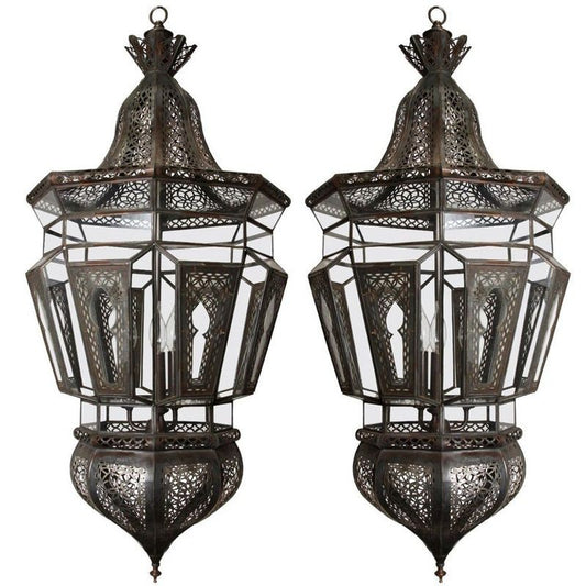 Pair of Large Moroccan Moorish Glass and Filigree Hanging Lanterns