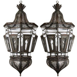 Moroccan Vintage Moorish Hanging Glass Light Fixtures A Pair