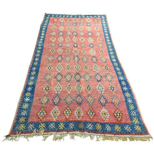 1960s Moroccan Berber Rug, Coral and Teal Geometric Wool, 4'10" × 9'10"