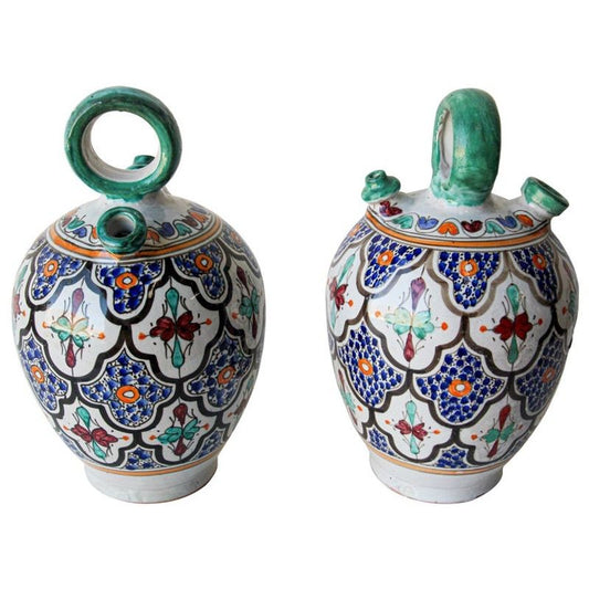 Pair of Vintage Moroccan Fez Polychrome Ceramic Water Jugs, circa 1940