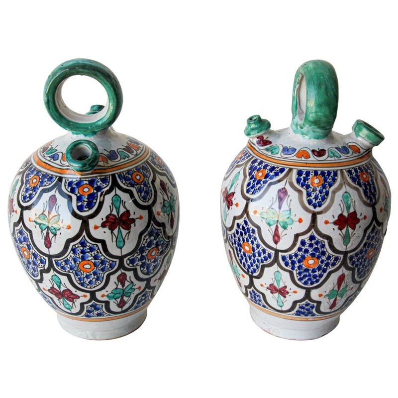 Moorish Ceramic Glazed Water Jug Handcrafted in Fez Morocco