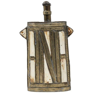Moroccan Berber Tuareg Brass Powder Flask, Hand-Carved Folk Art, 1920