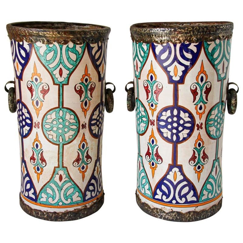 Handcrafted Moorish Ceramic Urns with Metal Handles, 20th Century