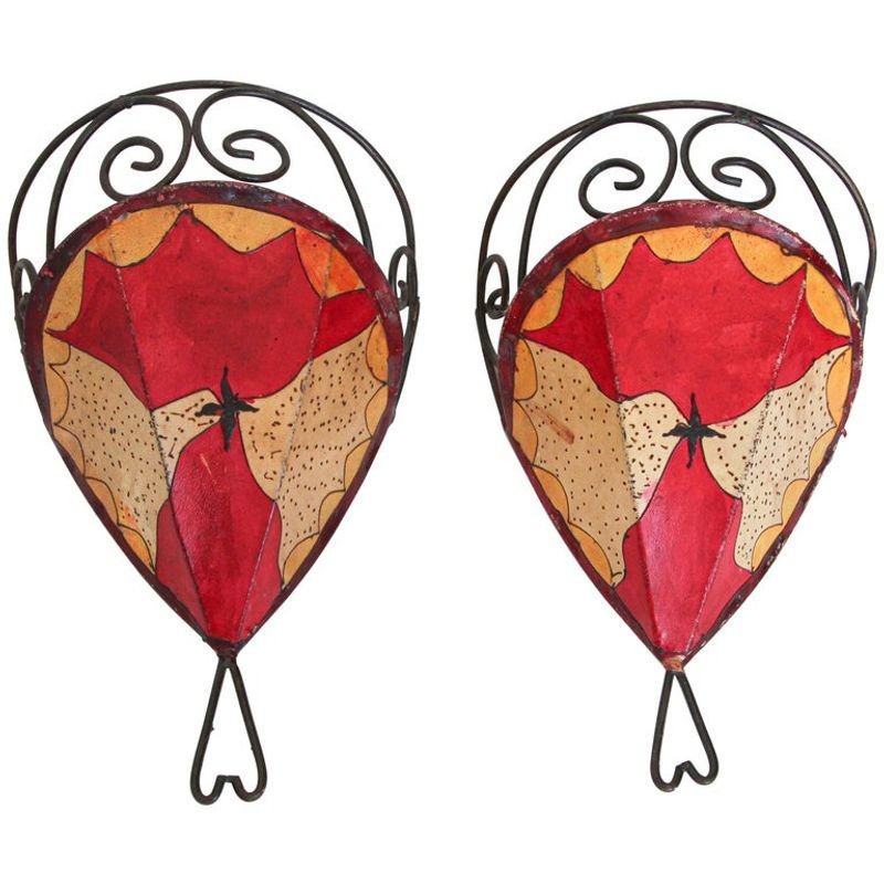 Pair of Parchment Moroccan African Art Handpainted Wall Sconce