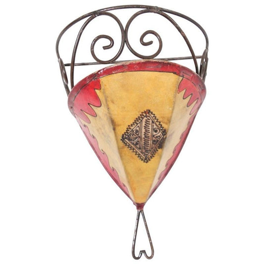 Vintage Moroccan Yellow & Pink Painted-Hide Wall-Light Shade, Iron Scrolls, 1980