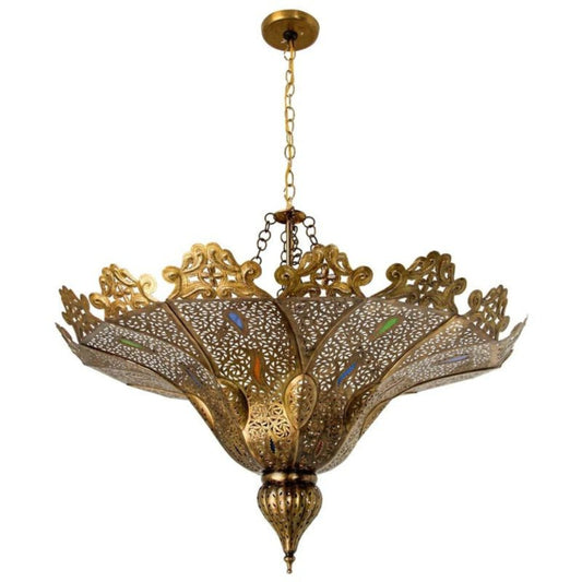 A vintage Moroccan brass chandelier with Moorish style, featuring handcrafted brass work and colored glass in cobalt blue, emerald green, and ochre.