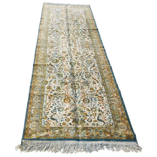 Vintage Hand-Knotted Wool Runner, Turkish Floral Design, Green, 1960