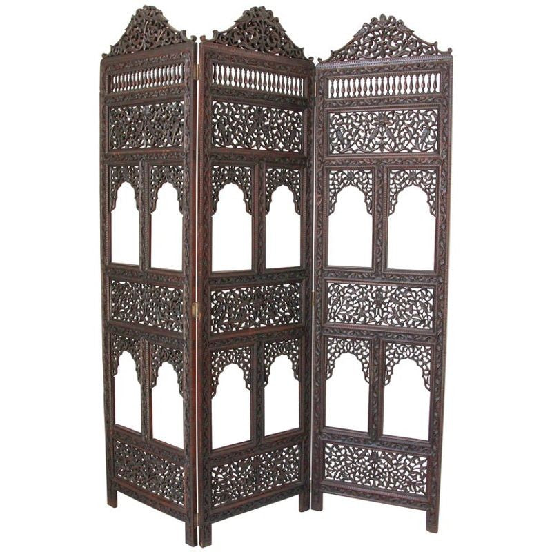 19th Century Anglo-Indian Mughal Carved Hardwood Three-Panel Screen, circa 1880