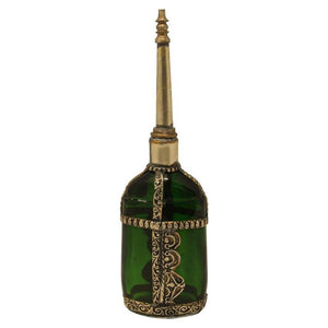 Moorish Green Glass Perfume Bottle Sprinkler with Embossed Metal Overlay