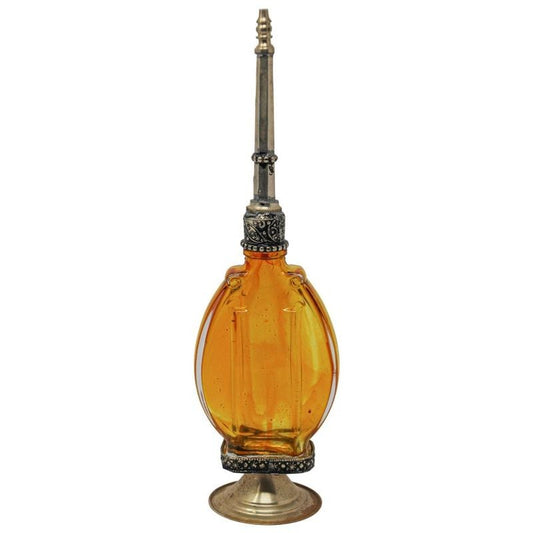 Moroccan Amber Footed Glass Perfume Bottle Sprinkler with Embossed Metal Overlay