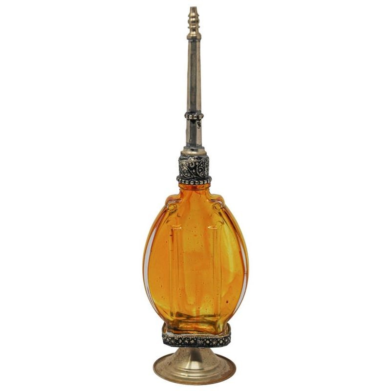 Moroccan Amber Footed Glass Perfume Bottle Sprinkler with Embossed Metal Overlay
