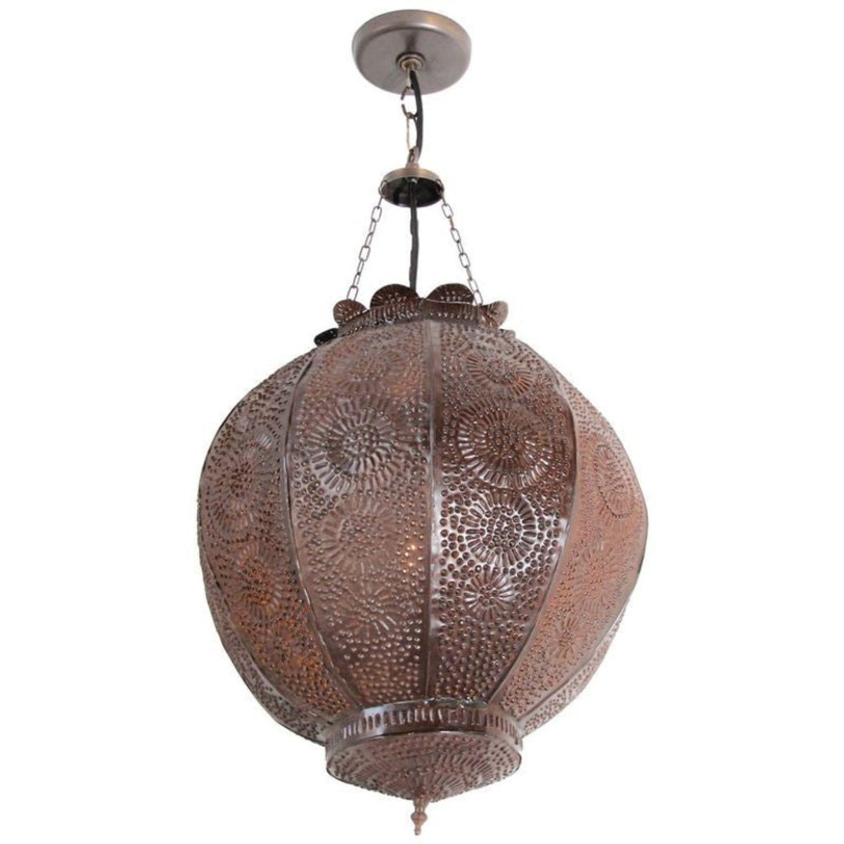 A handcrafted Moroccan metal orb pendant with a pomegranate shape and Moorish design, featuring a dark bronze rust patina and hanging chains.