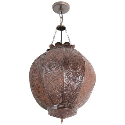 A handcrafted Moroccan metal orb pendant with a pomegranate shape and Moorish design, featuring a dark bronze rust patina and hanging chains.