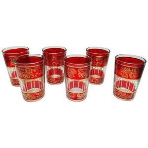 Set of Six Ruby Red Glasses with Gold Raised Moorish Frieze Design