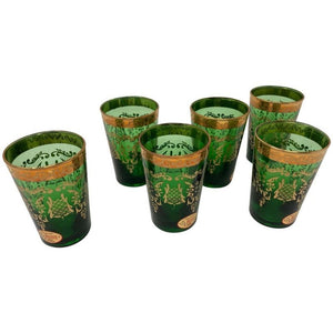 Set of Six Handblown Moorish Green and Gold Tea Glasses
