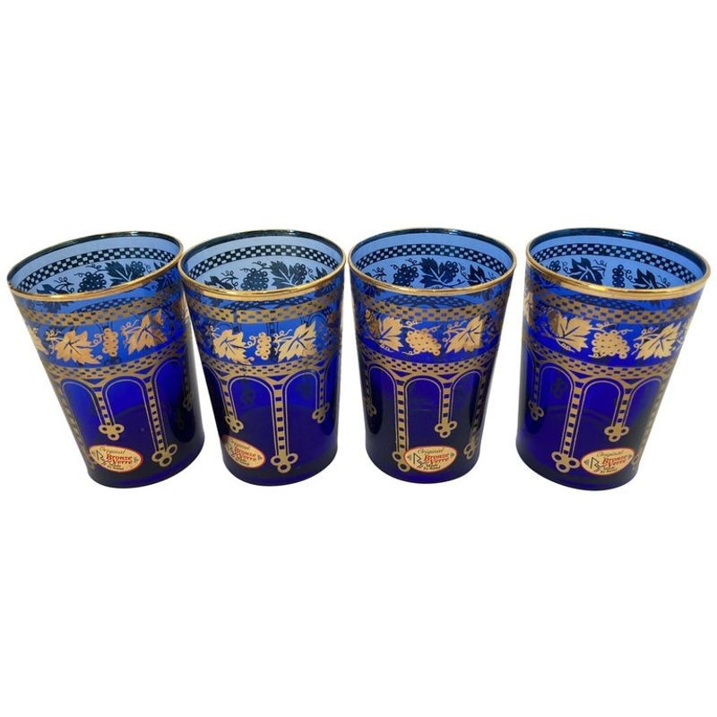 Moorish Blue and Gold Crystal Barware Italian Drinking Glasses Set of 4