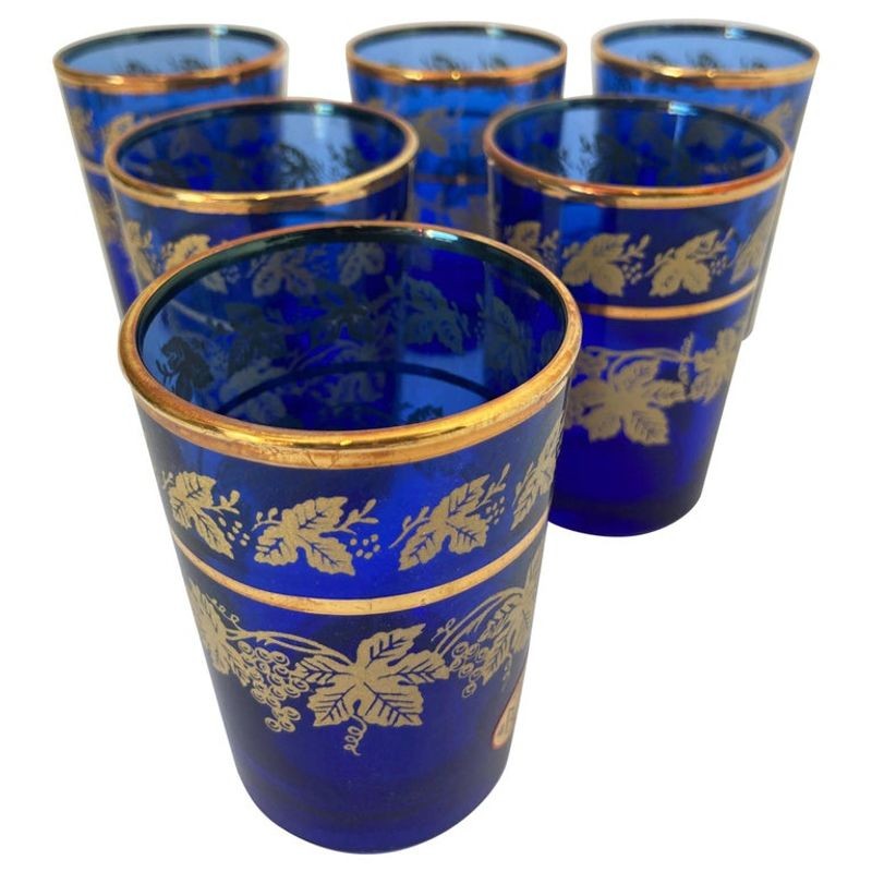 Set of Six Handblown Moorish Blue and Gold Glasses