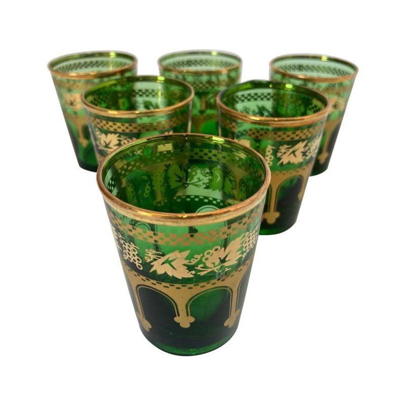 Set of Six Handblown Moroccan Green and Gold Glasses