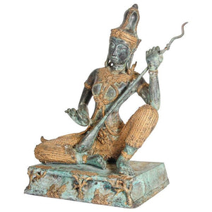 Asian Thai Gilt Vintage Bronze Statue of a Prince Playing Music