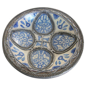 Moroccan Ceramic Blue Bowl Adorned with Silver Filigree from Fez Antique 1920s