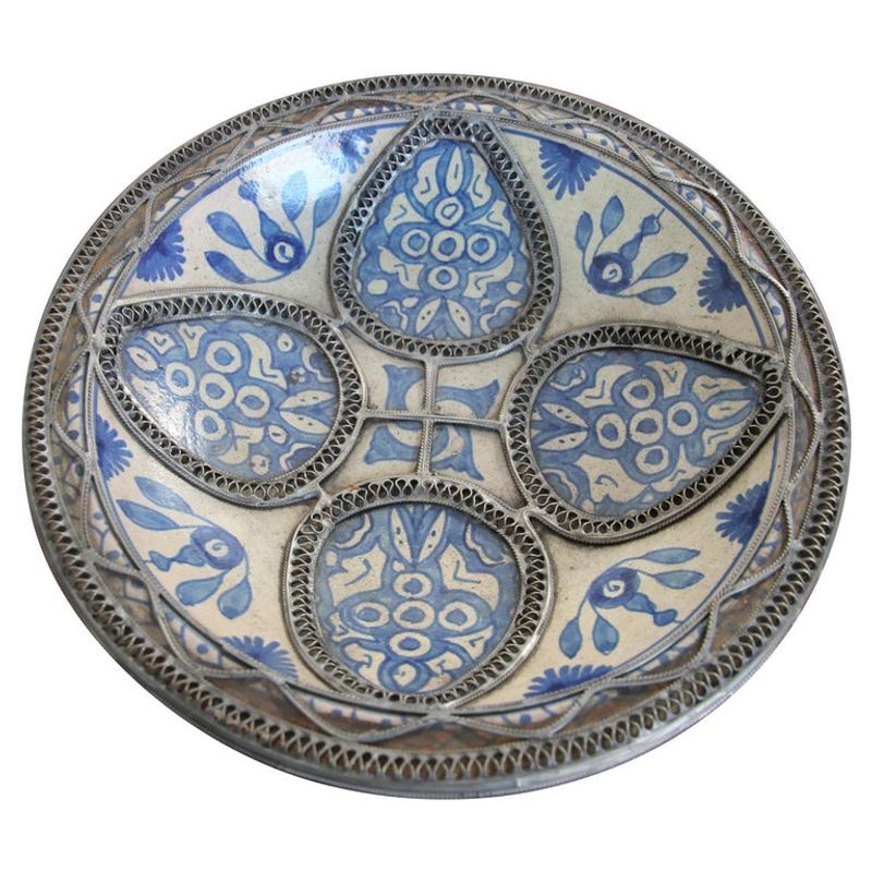 Moorish Ceramic Blue Bowl Adorned with Silver Filigree from Fez