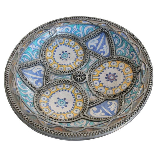 Antique Moroccan Ceramic Bowl Adorned with Moorish Silver Filigree from Fez