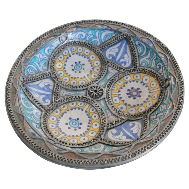 Antique Moorish Moroccan Ceramic Bowl Adorned with Silver Filigree from Fez